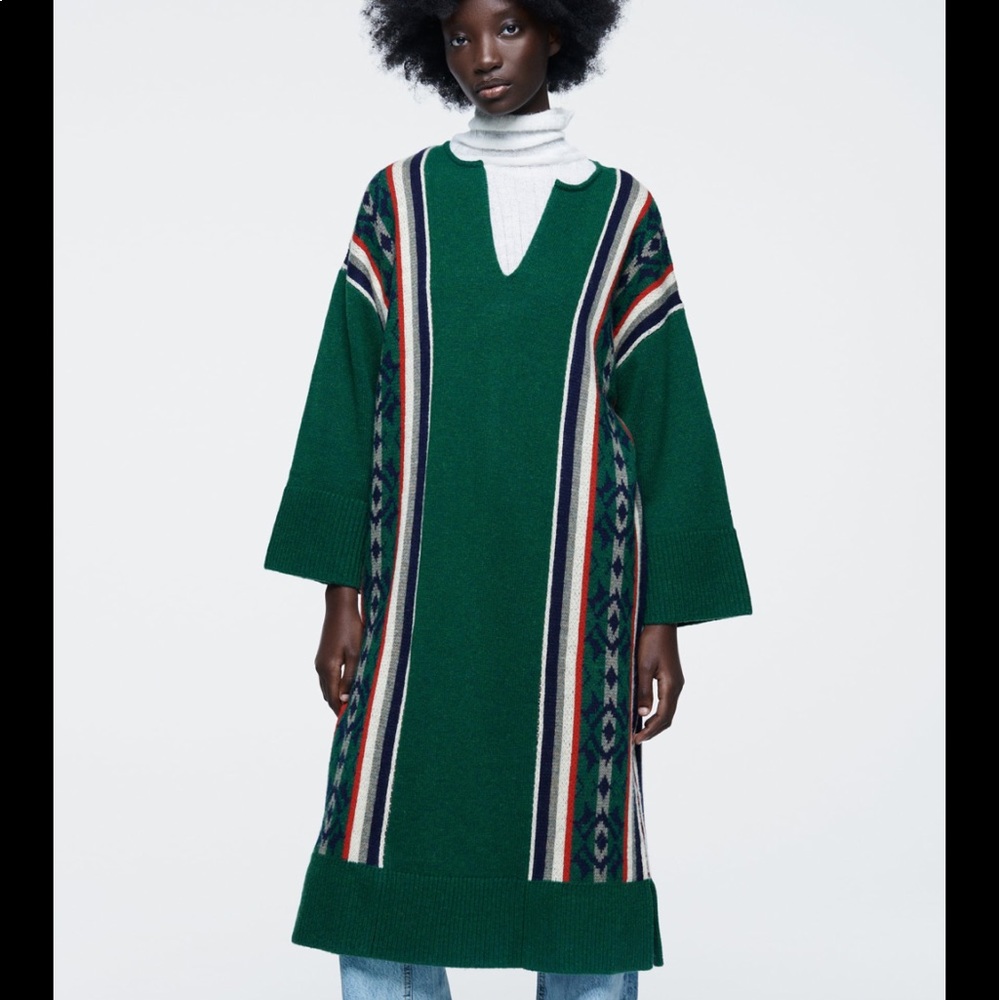 Wool blend green jacquard long tunic sweater - Picture 4 of 15